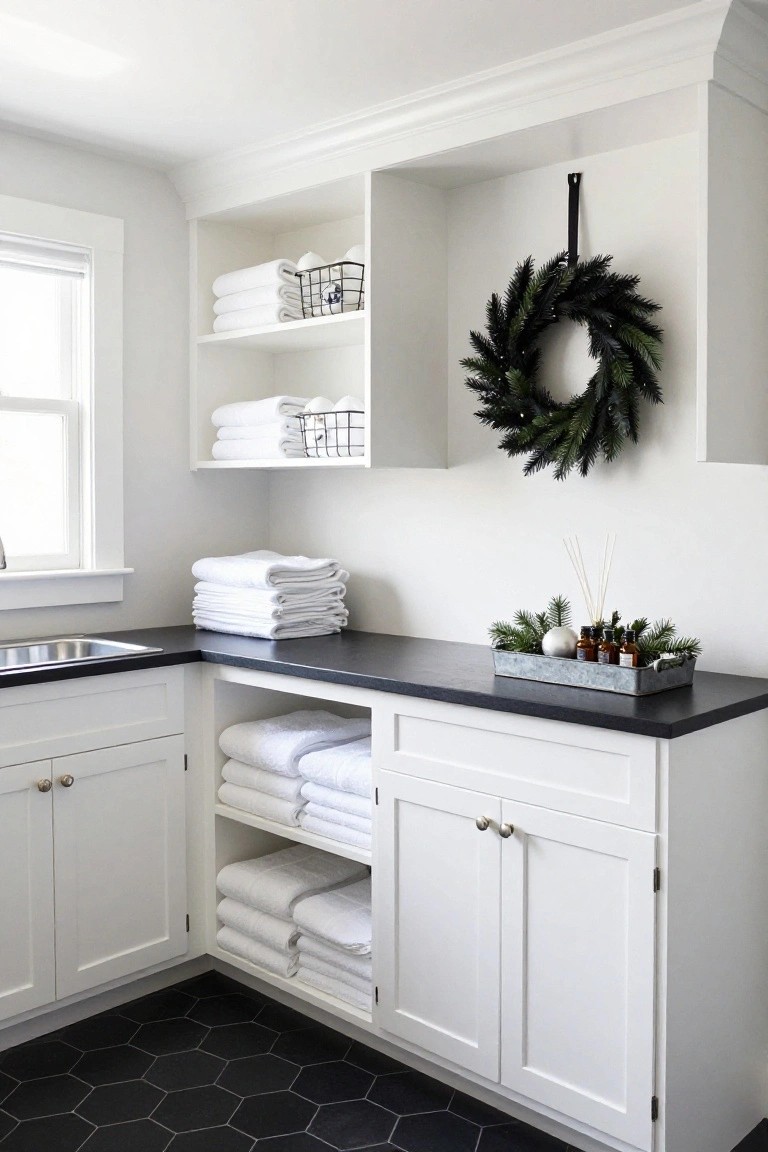 White laundry room with black hexagon floor tiles, black countertop and sink, open upper shelving holding white towels in wire baskets, lower cabinets storing folded towels, black fir wreath hanging on wall above cabinets, and galvanized metal tray of evergreen branches, white ornament, and reed diffuser bottles on countertop.