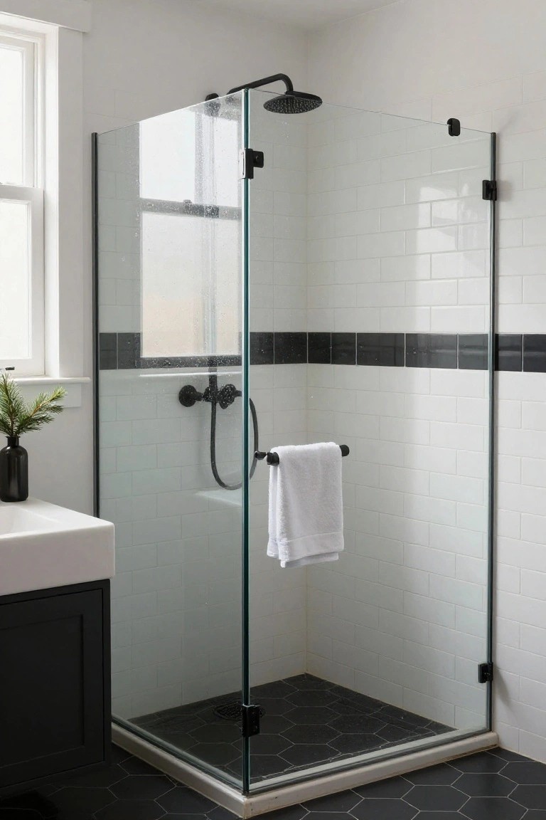 Modern white bathroom featuring a glass-enclosed corner shower with matte black fixtures, white subway tile walls with black accent row, black hexagon floor tiles, white sink cabinet, and towel bar with white towel.
