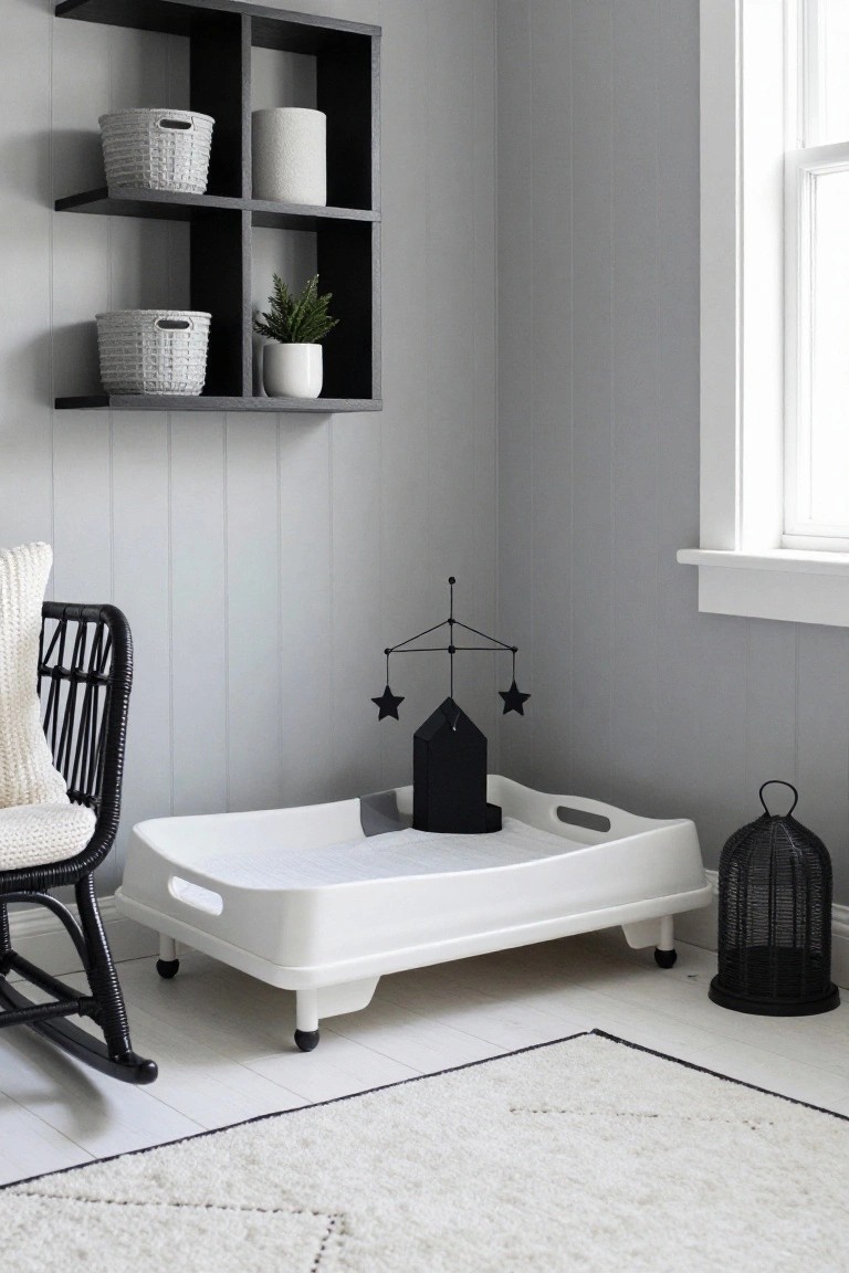 Corner of a light grey nursery with black wall shelves holding white baskets and plants, a white rattan rocking chair, white plastic changing table topped with a black house ornament, black star mobile hanging above, black wire lantern on floor, and white rug.