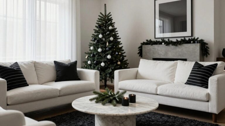 Modern living room interior with a Christmas tree decorated in black and white baubles, white sofa on black rug, round marble coffee table with greenery, wooden media cabinet, and concrete fireplace with black garland.