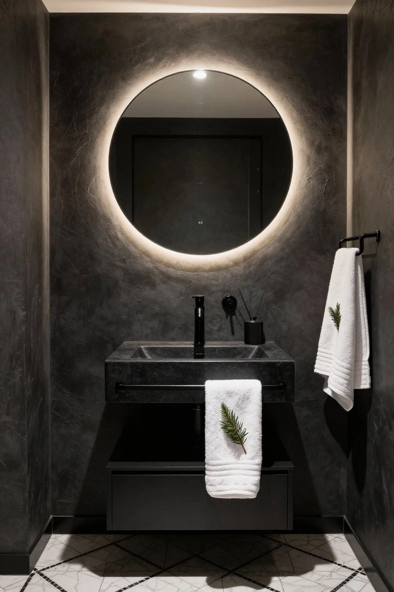 Close-up view of a modern black bathroom featuring a round backlit mirror, black wall-mounted sink and vanity, white towels with green fir branches on towel bars, and a black and white patterned tile floor.