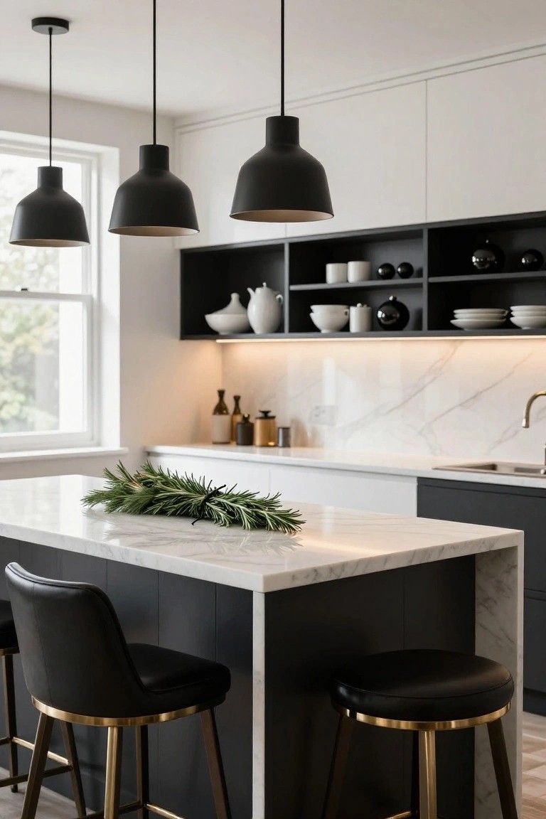 Modern black and white kitchen with marble island topped by tied rosemary branches, black leather bar stools, pendant lights over the island, dark cabinets, and open black shelving with white dishes.