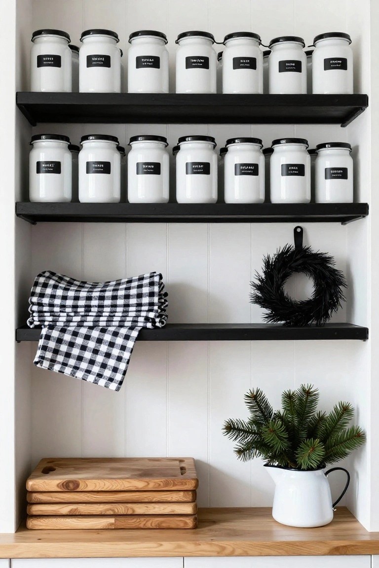 Open black metal shelves inside a white wooden cabinet holding rows of white glass jars with black labels, stacked black-and-white checkered towels, wooden cutting boards, a black fiber wreath, potted fir branches, and a white enamel pitcher on the wooden bottom shelf.