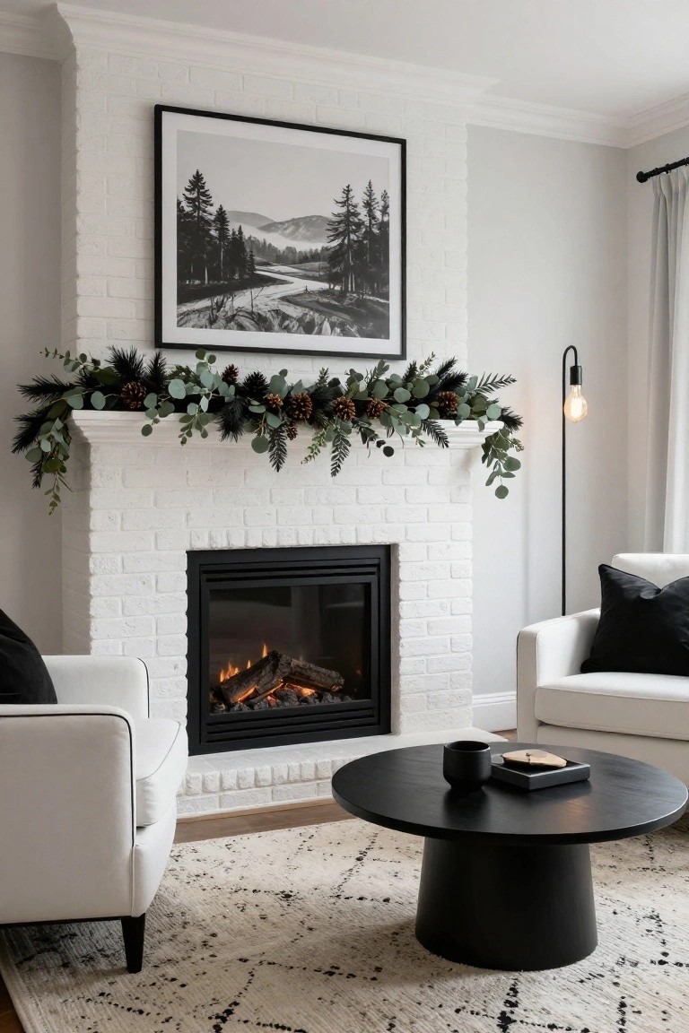 Modern living room with white brick fireplace topped by garland of eucalyptus, pine branches, and pinecones, white armchairs, black coffee table on patterned rug, and large black-framed landscape photo above mantel.