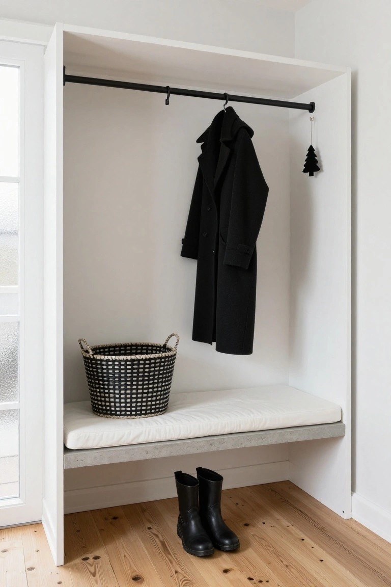 Open white built-in closet with black coat hanging from rod, black rain boots on wooden floor below bench seat holding black-and-white woven basket, and small black tree ornament on hook.