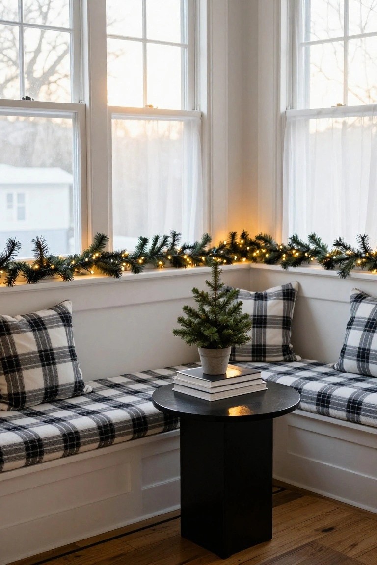 Corner window nook featuring built-in benches with black and white plaid cushions and pillows, a small potted Christmas tree and stack of white books on a black round table, evergreen garland with white string lights along the white window sills, natural light through sheer curtains, hardwood floors.