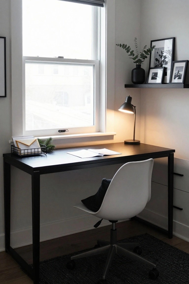 Corner home office with black metal desk, white molded plastic chair on black rug, lit black desk lamp, open window with gray blinds, floating black shelf holding black vase of eucalyptus and black frames, black wire basket on desk containing envelopes and pine branches.