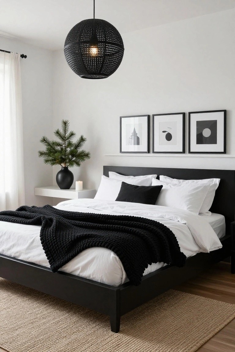 A modern bedroom with a black wooden bed frame, white bedding, black throw blanket, small potted Christmas tree in black vase on white floating shelf, three black-framed abstract artworks on white wall, black rattan pendant light, sheer white curtains, and beige seagrass rug on wood floor.