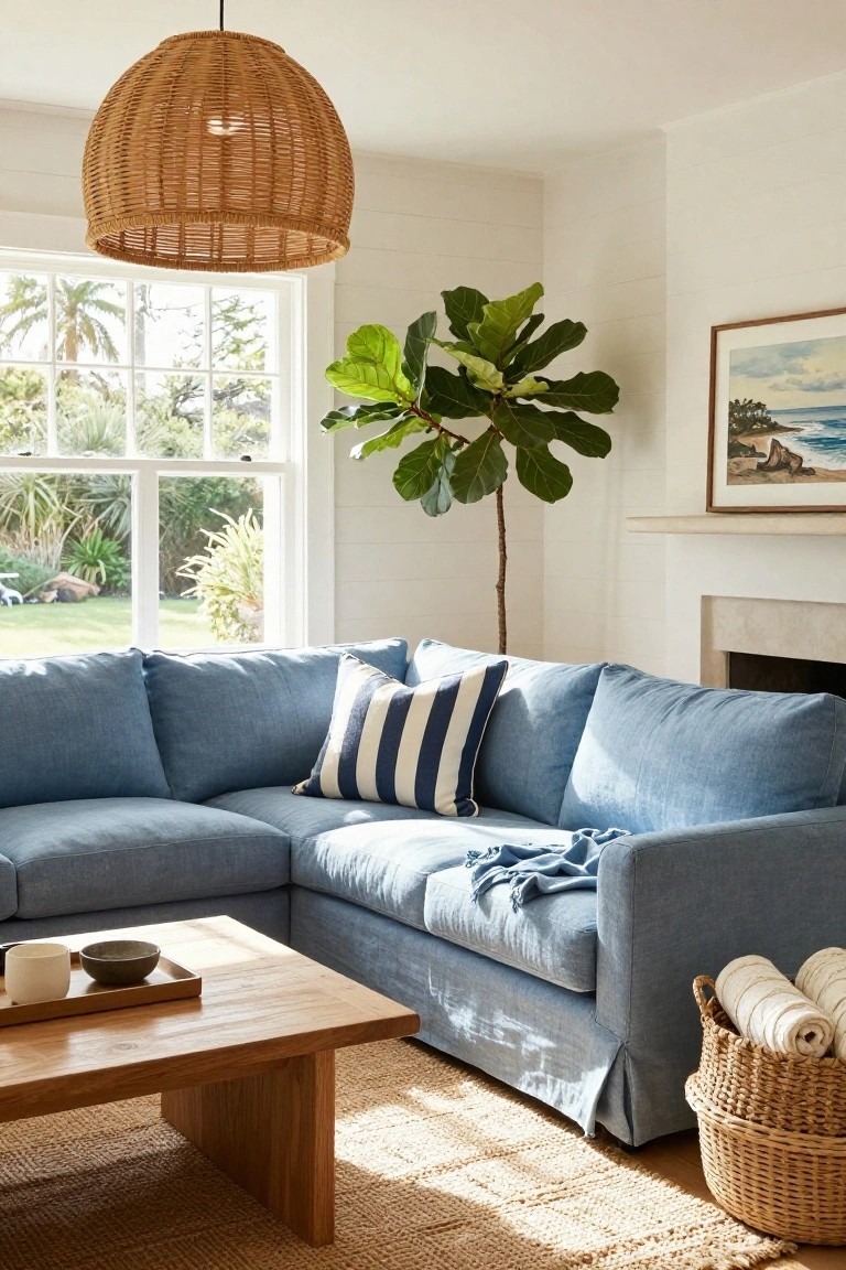 Living room with light blue L-shaped linen couch, wooden coffee table holding a tray with cup and bowl, tall fiddle leaf fig plant, woven pendant light, seagrass rug, and window overlooking garden and palm trees.