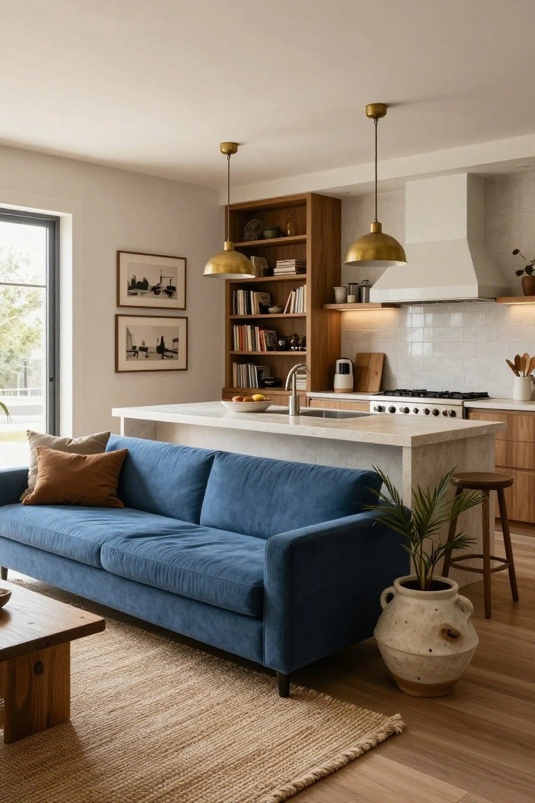 Open-plan interior with a blue velvet couch positioned against a white kitchen island, flanked by wooden cabinets, brass pendant lights, bookshelves, and a window overlooking greenery.