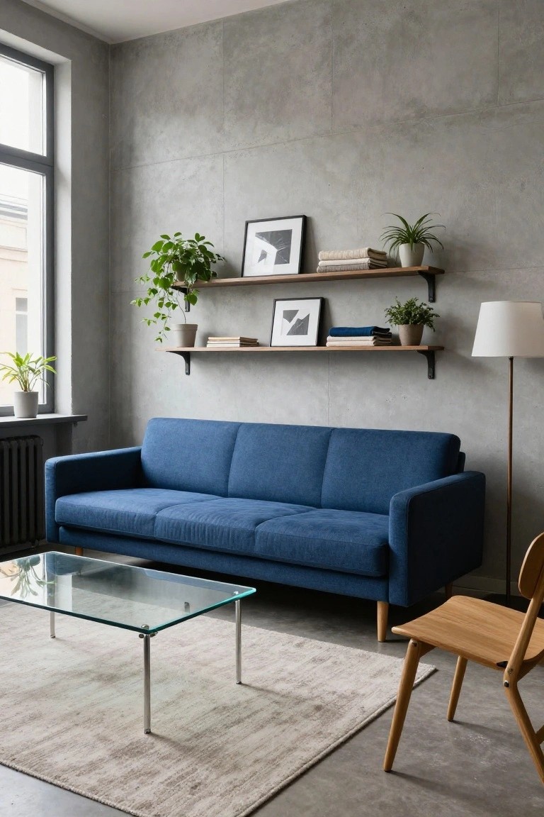 Modern living room with navy blue three-seat sofa, glass coffee table on metal legs, wooden chair, floating wooden shelves holding plants books and frames on textured gray concrete wall, floor lamp, and potted plants near window.