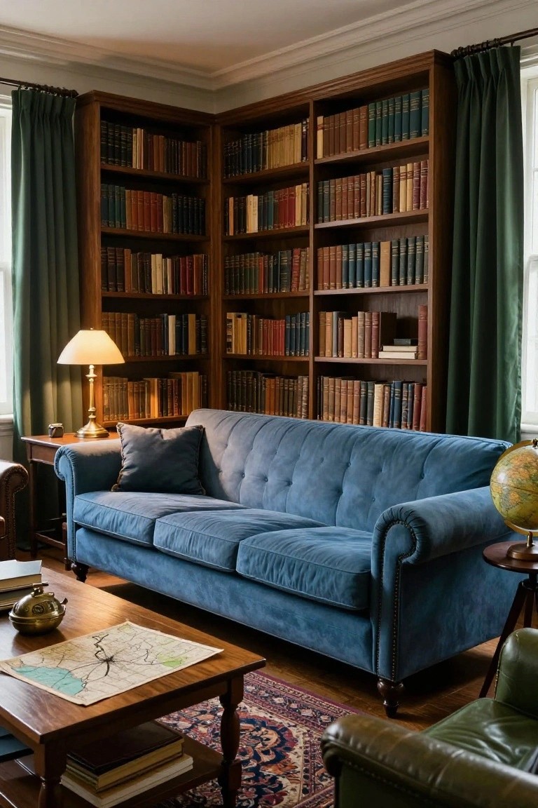 A blue tufted sofa positioned in front of tall wooden bookshelves in a living room, with a wooden coffee table holding books and a map, green curtains on windows, a brass lamp, globe, and leather armchair nearby.