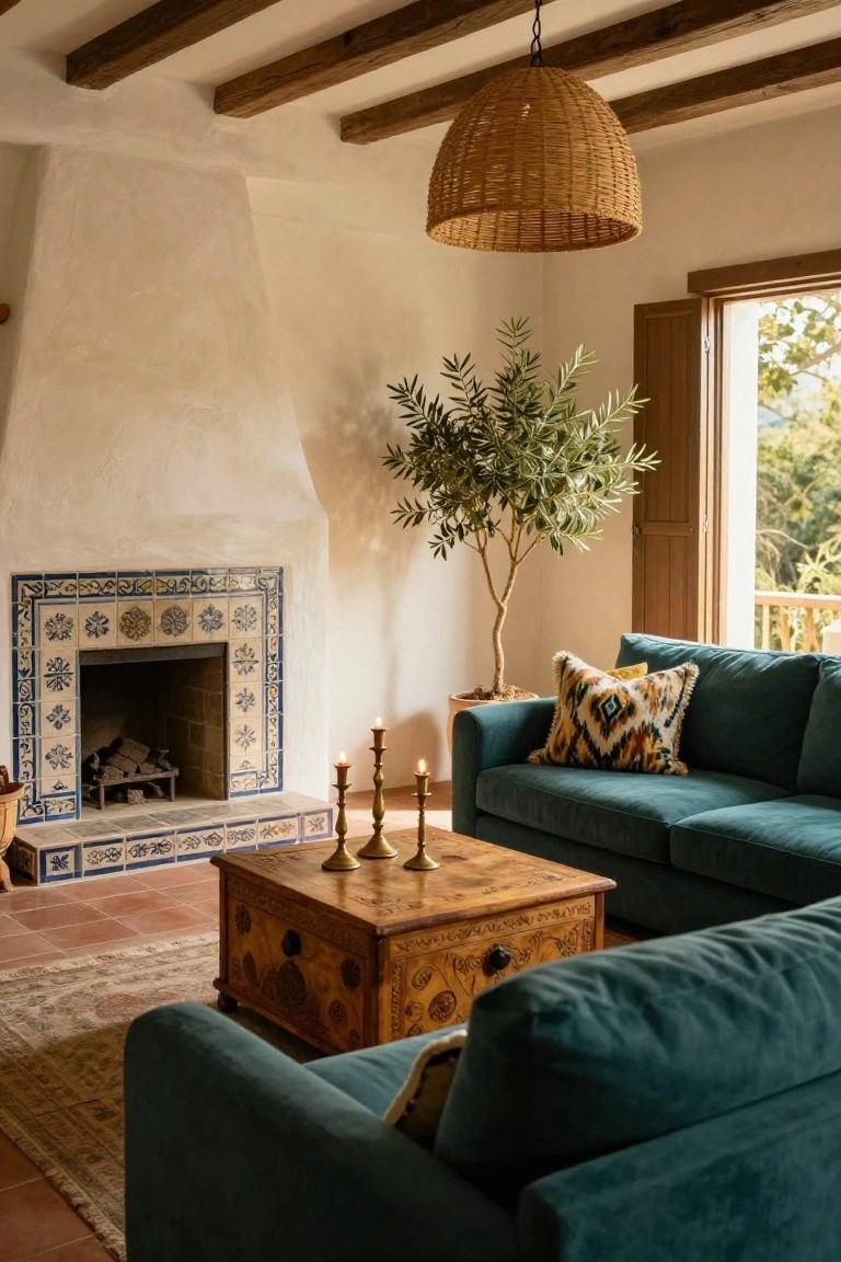 Living room with teal velvet L-shaped sofa, carved wooden coffee table, blue-and-white tiled fireplace, potted olive tree, rattan pendant lamp, terracotta floor tiles, white textured walls, wooden ceiling beams, and French doors open to a green view.