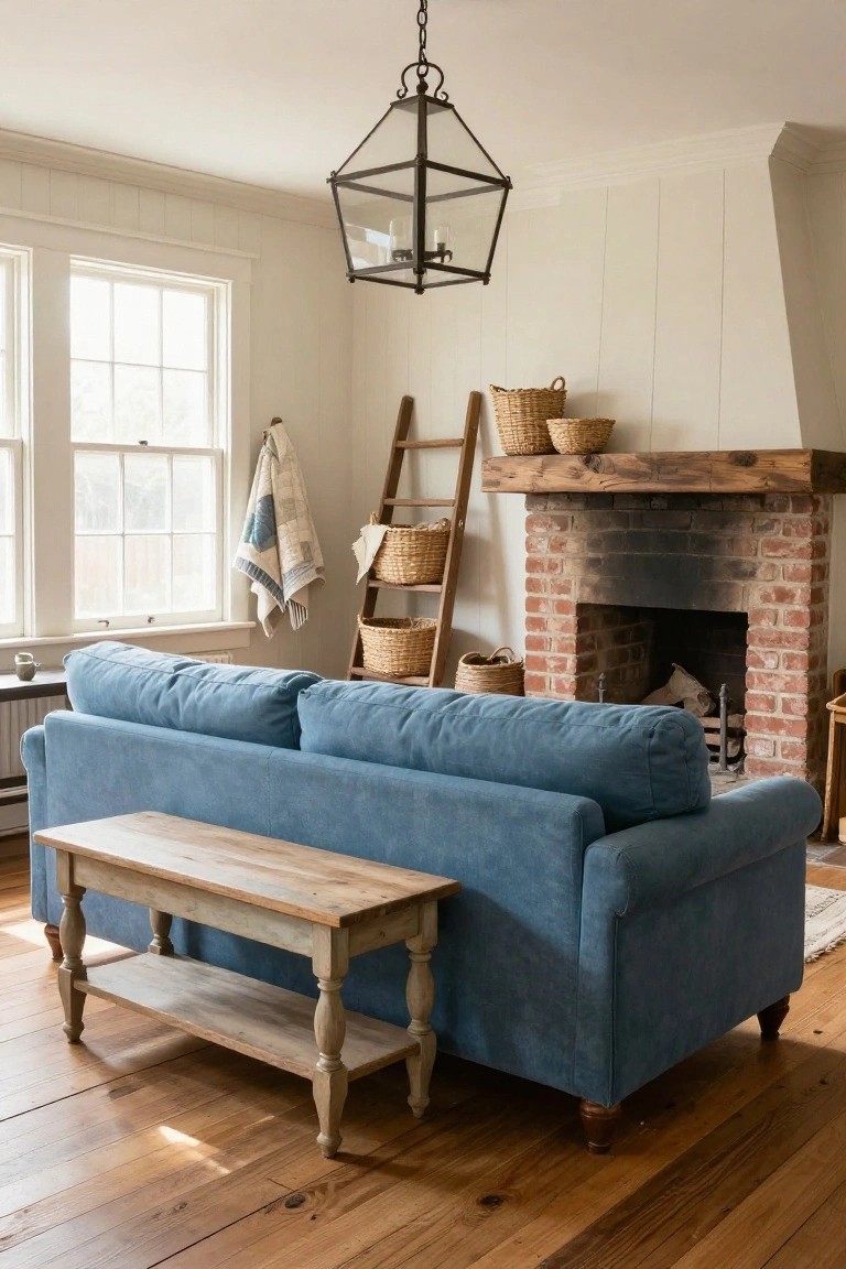 A blue upholstered sofa in a living room with white shiplap walls, brick fireplace, wooden ladder shelf holding wicker baskets, distressed wood bench, and hardwood floors.
