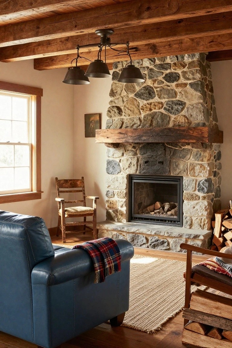 Rustic living room with exposed wooden ceiling beams, stone fireplace containing a gas fire with logs, blue leather sofa draped with plaid blanket, wooden rocking chairs, seagrass rug, and firewood stack beside a wooden bench.