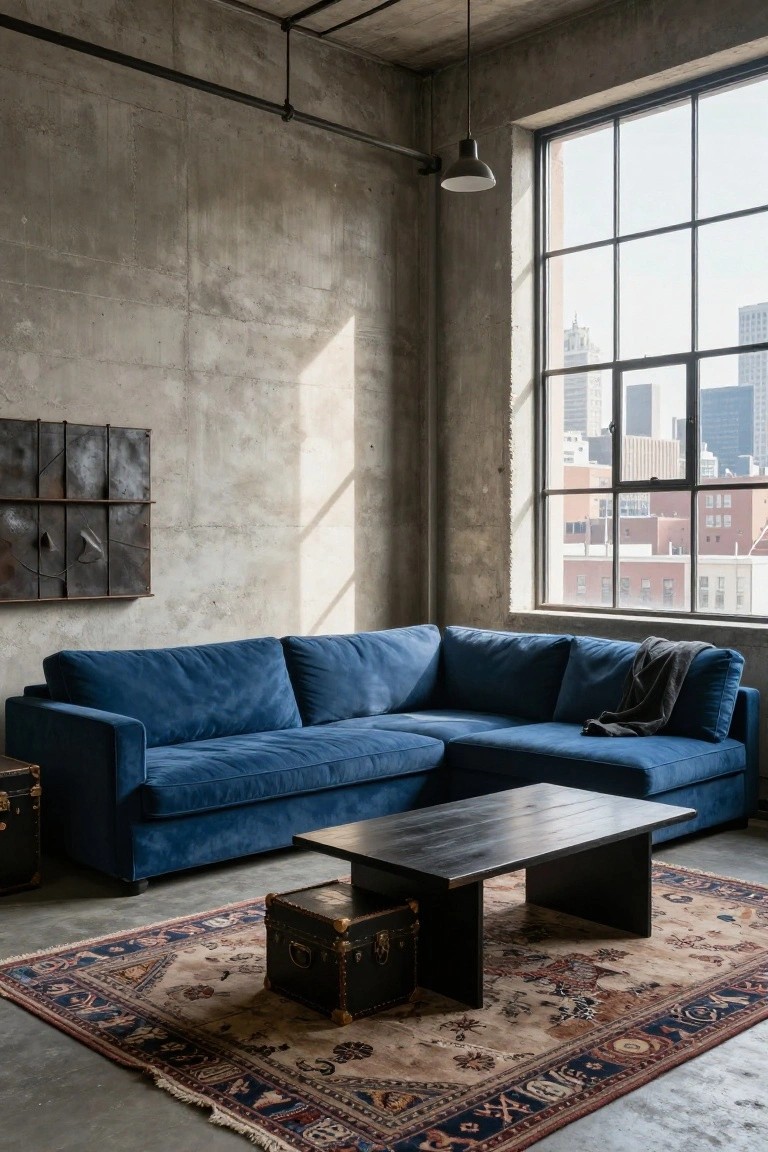 Industrial loft living room with exposed concrete walls, large metal-framed windows showing city skyline, blue velvet L-shaped sectional sofa, black wood coffee table, leather trunk stool, and patterned Persian rug on concrete floor.