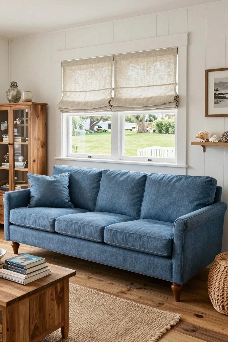 Living room with blue three-seat sofa on wooden legs, wooden coffee table with stacked books, wooden glass-door cabinet, beige linen roman shades on double windows overlooking green lawn and trees, seagrass rug, and woven basket.