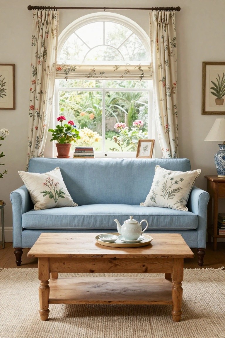 Light blue sofa with embroidered floral pillows in a living room, floral curtains on arched window showing garden view, wooden coffee table with teapot and saucer, potted plants, and side table with lamp.