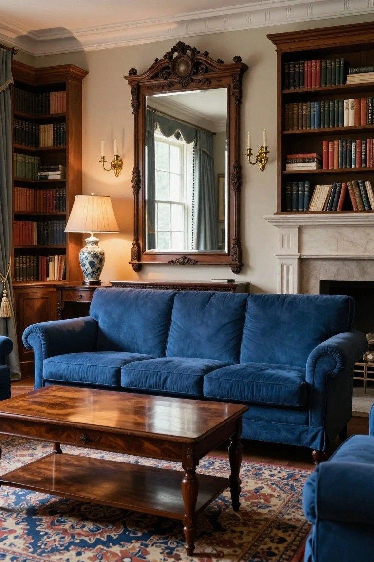 A blue velvet three-seat sofa sits in a living room with wooden bookshelves, an ornate gilt mirror, marble fireplace, wood coffee table, and blue-and-white vase on a lamp table.