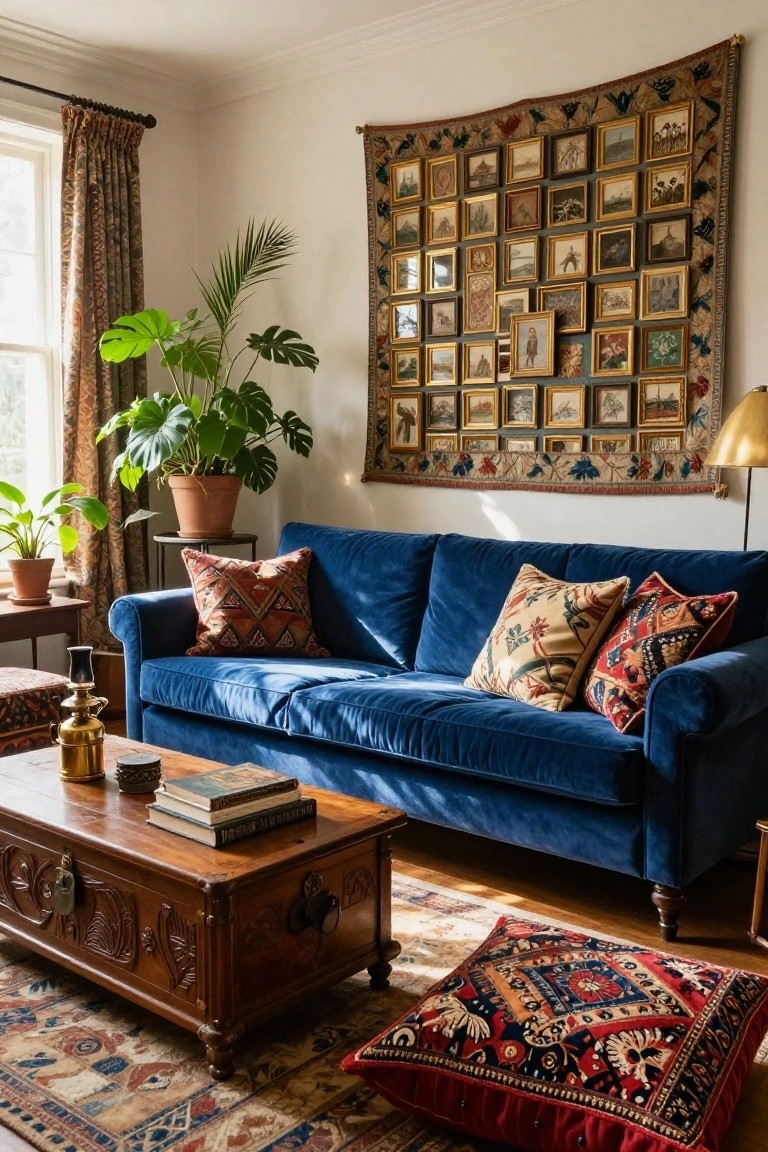 Living room interior with a navy blue velvet tufted sofa piled with colorful patterned pillows, a carved wooden trunk coffee table holding books, potted monstera and palm plants, a large embroidered tapestry wall hanging composed of many small gold-framed pictures, and a red suzani floor cushion on an oriental rug.
