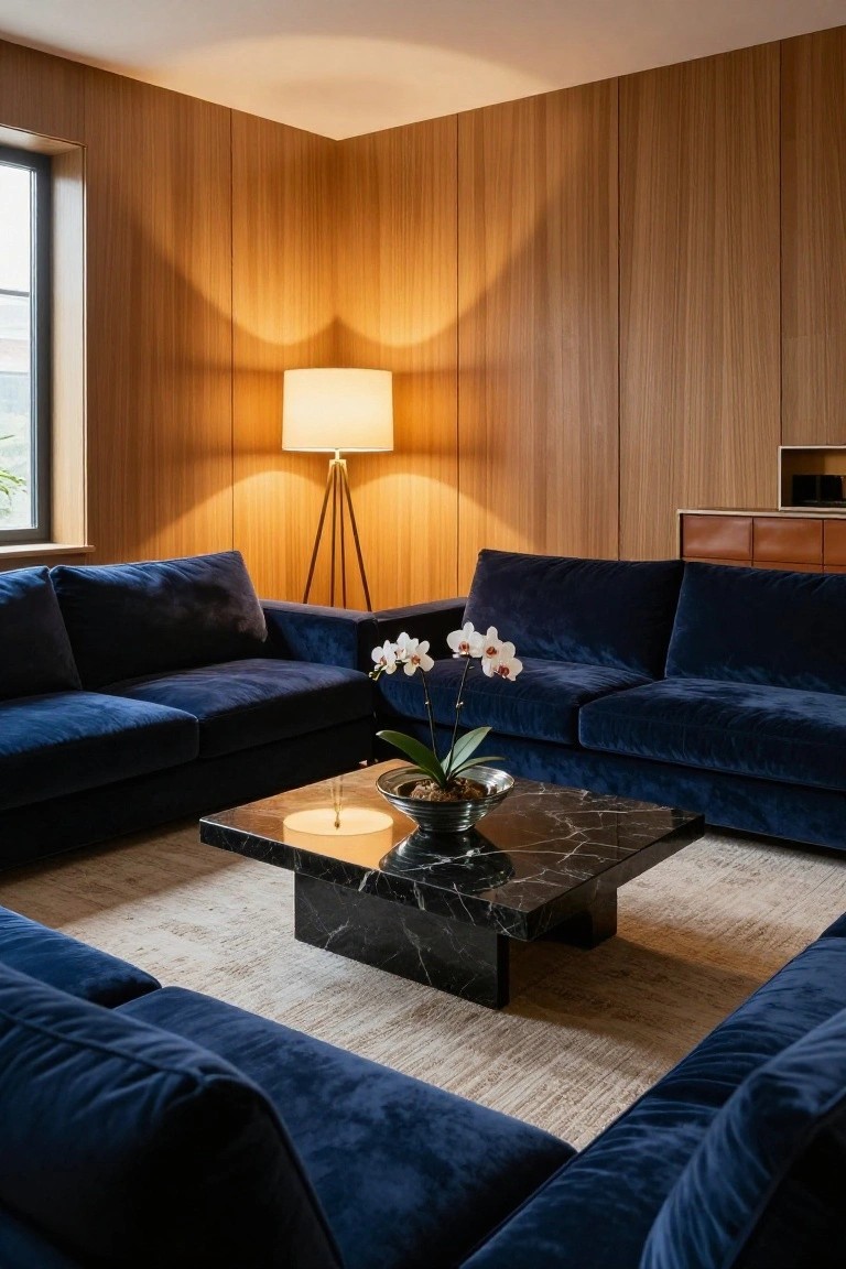 Modern living room corner with navy blue velvet L-shaped sofas around a low black marble coffee table holding white orchids in a black vase, light wood paneled walls, white tripod floor lamp, and a sideboard nearby.