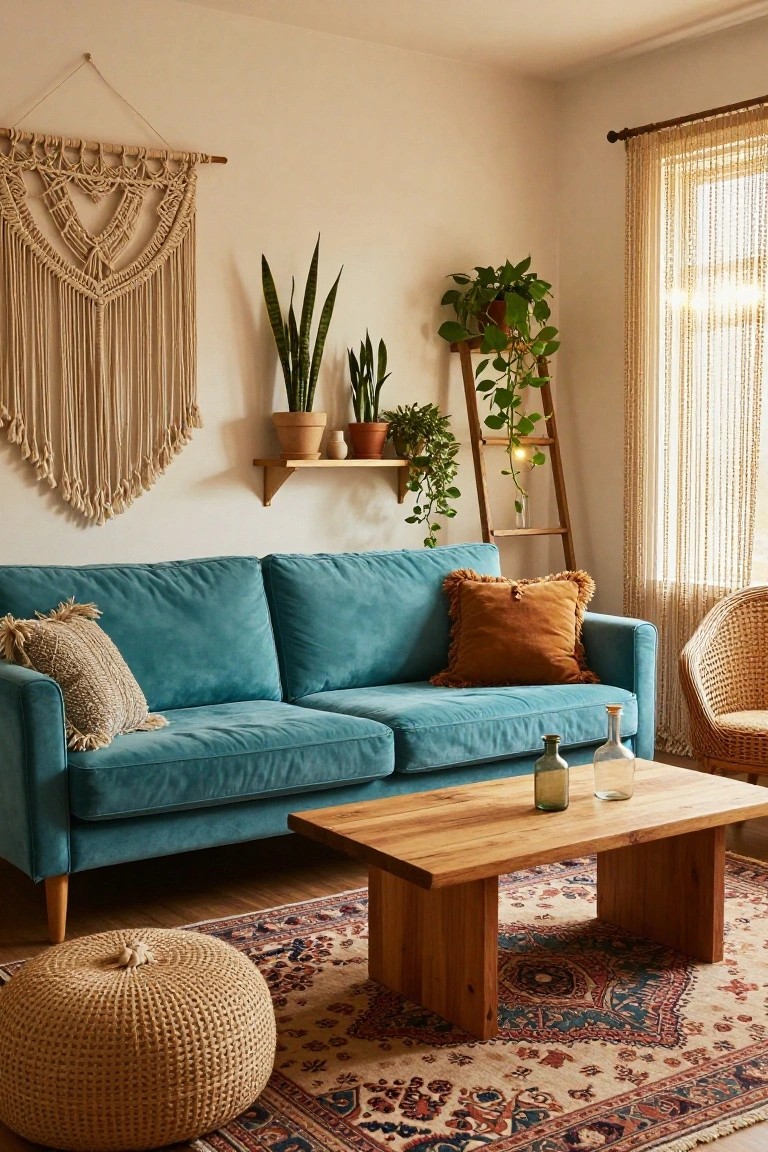 Living room with turquoise blue velvet two-seater sofa, large beige macrame wall hanging, potted snake plants and pothos on wooden shelves and ladder, wooden coffee table with glass bottles, woven ottoman, rattan chair, and patterned rug.
