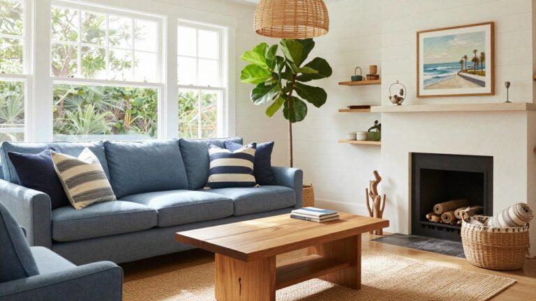 23 Blue Couch Living Room Ideas Living room with light blue L-shaped linen couch, wooden coffee table holding a tray with cup and bowl, tall fiddle leaf fig plant, woven pendant light, seagrass rug, and window overlooking garden and palm trees.