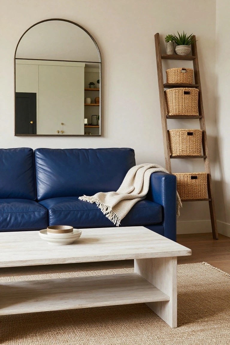 Blue leather sofa with beige throw beside arched mirror and wooden ladder.
