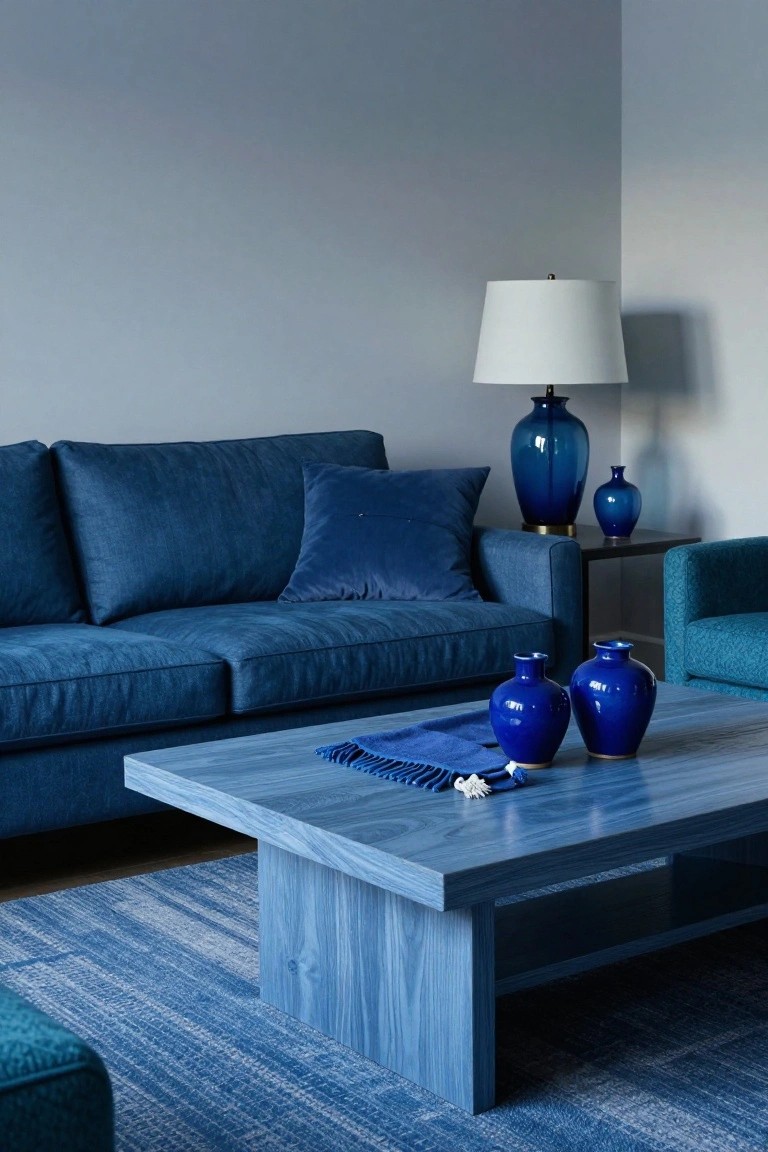 Living room interior with deep blue velvet sofa, blue wood coffee table holding blue ceramic vases and blue scarf, blue rug, blue armchair, tall blue glass lamp on side table, and light blue-gray walls.