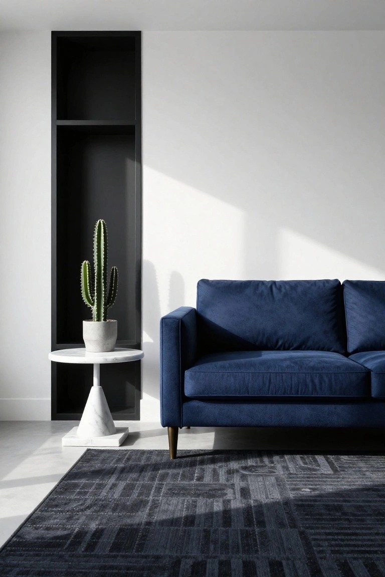 A navy blue velvet L-shaped sofa in a white-walled living room next to a white marble side table with a gray potted cactus, black wall niche shelf, and dark patterned rug on light floor.