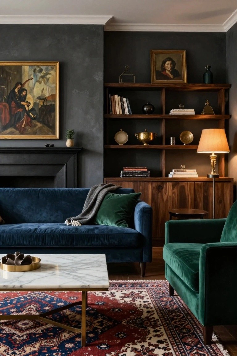 Living room with navy blue velvet sofa, green velvet armchair, white marble coffee table with gold base on red patterned rug, dark textured walls, wooden bookcases, brass lamp, and black fireplace.