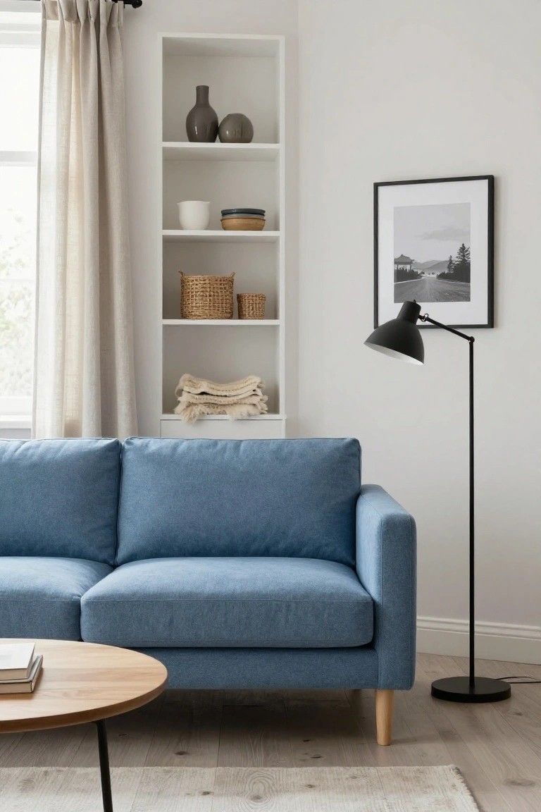 Blue fabric sofa in a light living room with adjacent white open shelving holding ceramics, baskets, and textiles, round oak coffee table, black arc floor lamp, and beige rug on light wood floors.