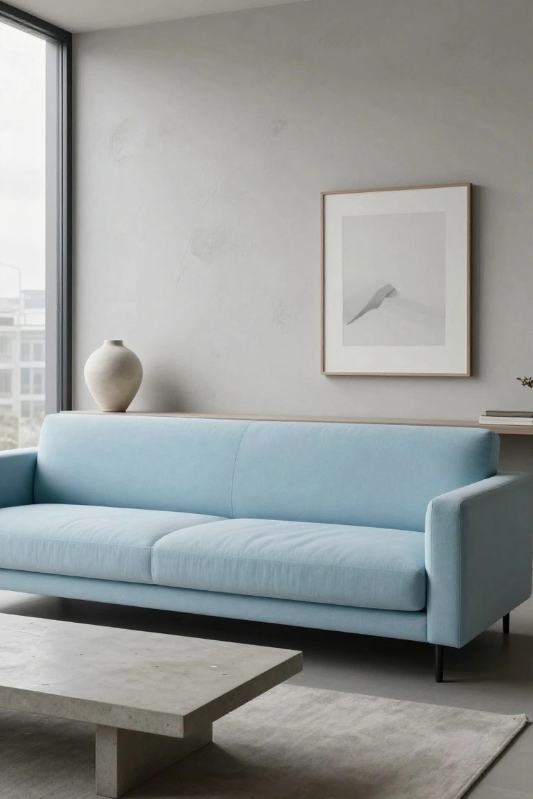 Light blue fabric sofa in a minimalist living room with light gray walls, large window overlooking buildings, wooden shelf holding beige ceramic vase and books, framed white abstract artwork, concrete coffee table, and light gray area rug.
