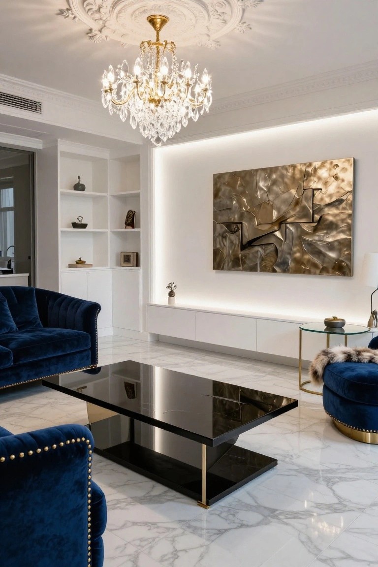 Luxurious living room with blue velvet sofas, black coffee table, and gold chandelier.