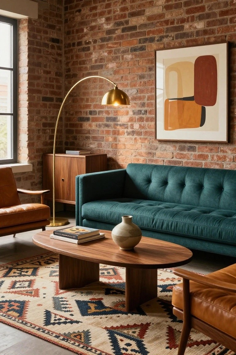 Living room with exposed brick walls, teal tufted sofa, oval wooden coffee table holding books and vase, two tan leather chairs, wooden credenza, gold arc lamp, and abstract wall art.