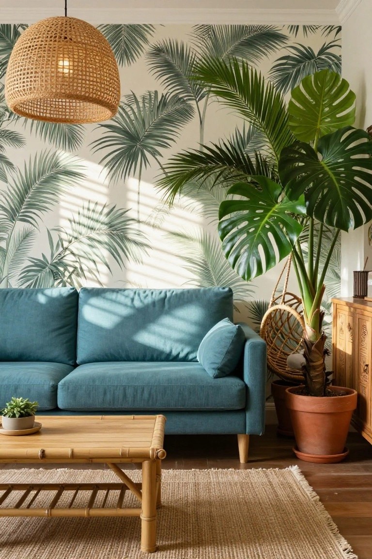 Living room with teal blue sofa, bamboo coffee table, large potted monstera plant, palm leaf wallpaper on walls, woven hanging lamp, wooden sideboard, and seagrass rug on hardwood floor.