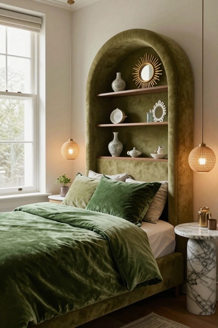 Bedroom with a curved green velvet upholstered headboard featuring integrated wooden shelves holding white ceramics, mirrors, and vases, green velvet bedding on the bed, rattan pendant lights, a marble pedestal side table, and a window with roller shade.