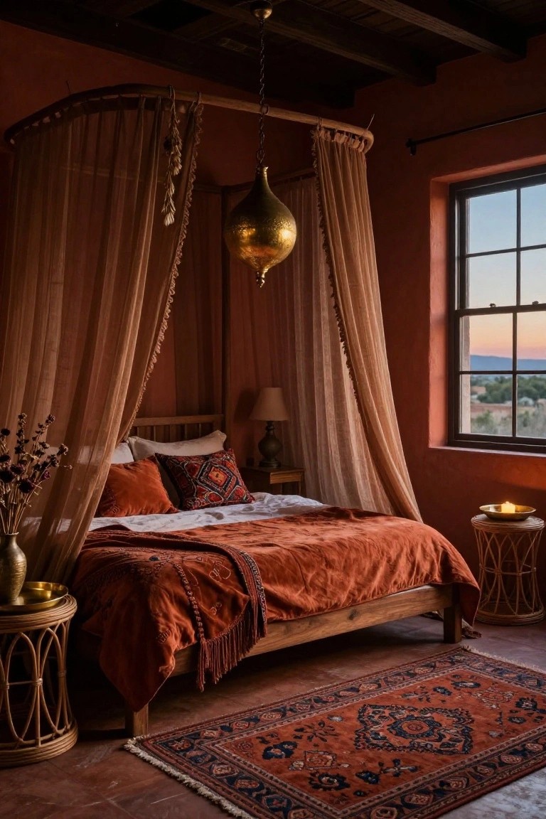 Bedroom interior with terracotta walls, wooden arched canopy bed frame draped in sheer beige curtains, rust bedding with embroidered pillows, rattan side tables, brass hanging lantern, kilim rug on terracotta floor, and window showing sunset view.