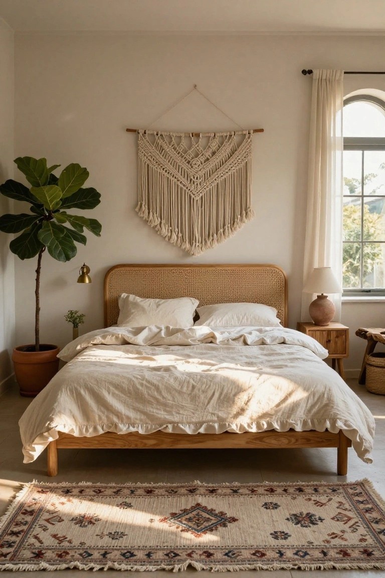 Bedroom interior with a large cream-colored macrame wall hanging above a rattan headboard bed draped in white linen sheets, a fiddle leaf fig plant in a terracotta pot beside the bed, a bedside table with lamp, and a patterned rug on the floor.