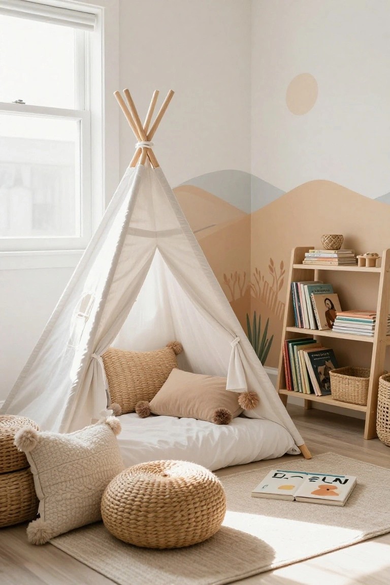 White canvas tipi tent in a light neutral children's bedroom corner with woven pillows and poufs inside, wooden bookshelf with books and baskets nearby, and wall mural of mountains and plants.