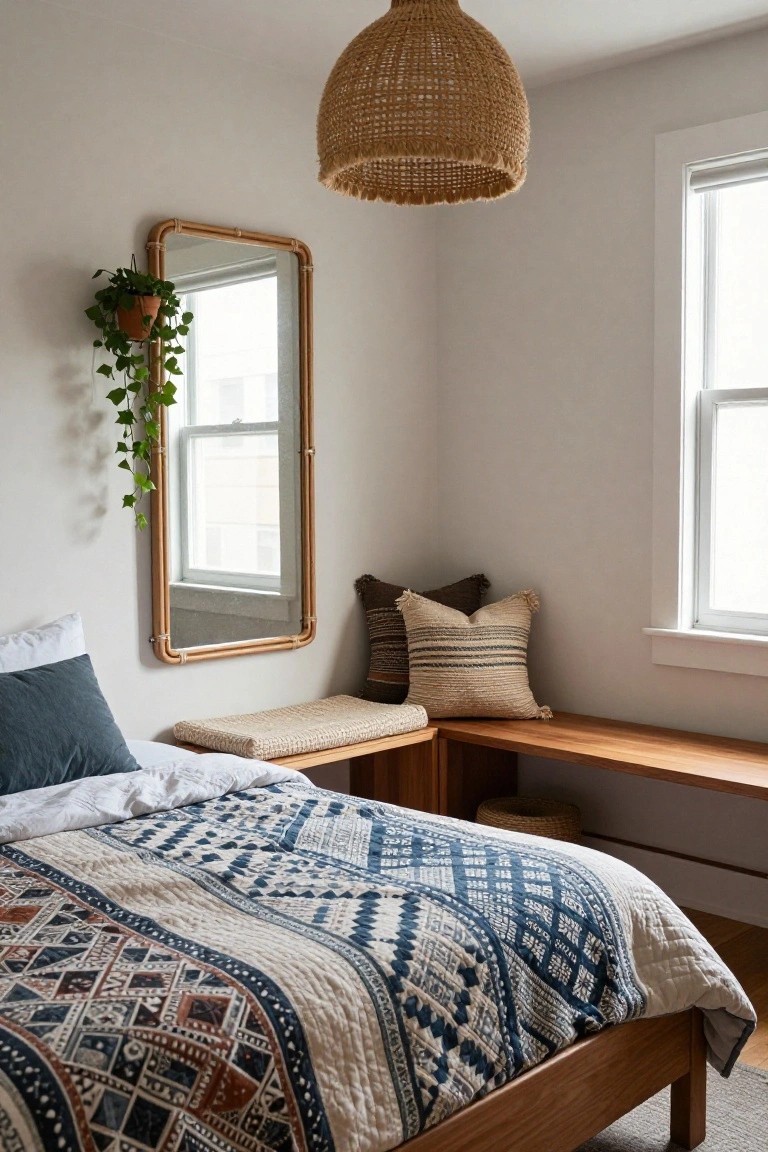 Bedroom with wooden bed draped in blue and white quilt, built-in wooden bench topped with cushions and pillows, tall rattan mirror holding a potted trailing plant, and woven pendant light overhead.