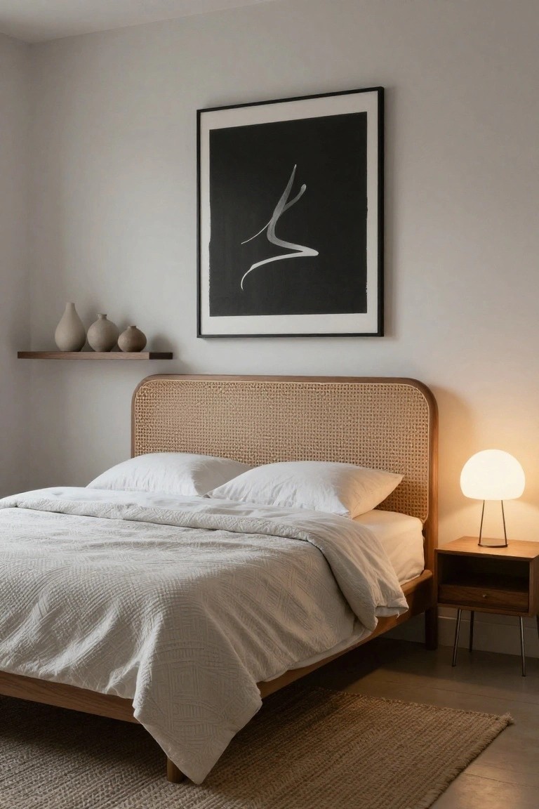 Bedroom with a bed featuring curved cane headboard, white textured duvet and pillows, wooden nightstand with white globe lamp, floating wood shelf holding three beige ceramic vases, large black-framed abstract white line art on wall, seagrass rug on floor.