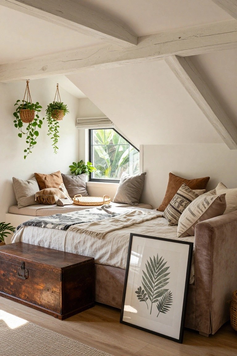 Attic bedroom nook with built-in velvet daybed under sloped white ceilings, covered in neutral pillows and throws, flanked by hanging plants and a wooden trunk.