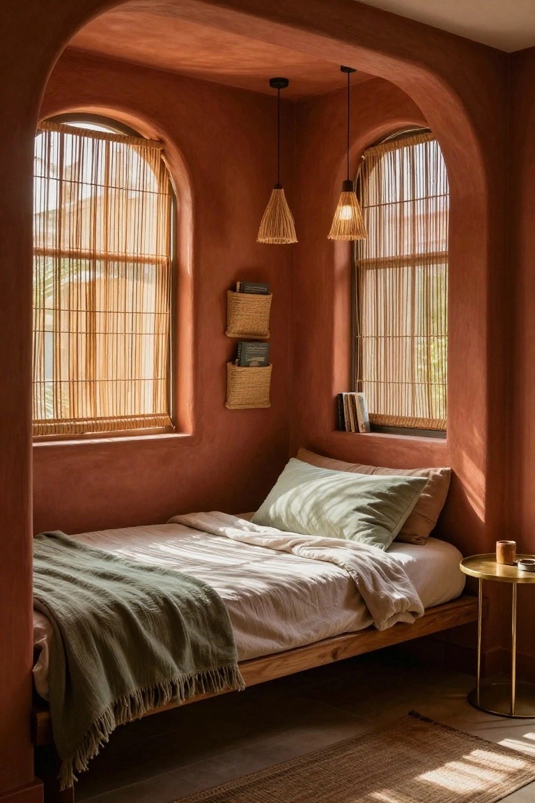 Bedroom nook with curved terracotta plaster walls, two arched windows with bamboo blinds, low wooden platform bed with white sheets green pillows and throw, rattan shelves on wall, gold side table, and woven hanging lamps.