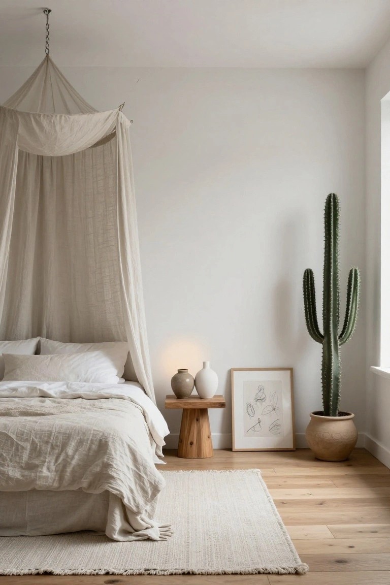 Bedroom with low bed under beige draped canopy from ceiling chain, white pillows and linens, wooden stool holding ceramic vases, framed line drawing on wall, tall potted cactus in terracotta pot by window, white seagrass rug on light oak floors.