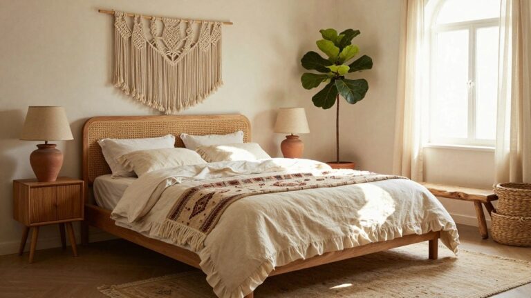 Bedroom interior with a large cream-colored macrame wall hanging above a rattan headboard bed draped in white linen sheets, a fiddle leaf fig plant in a terracotta pot beside the bed, a bedside table with lamp, and a patterned rug on the floor.