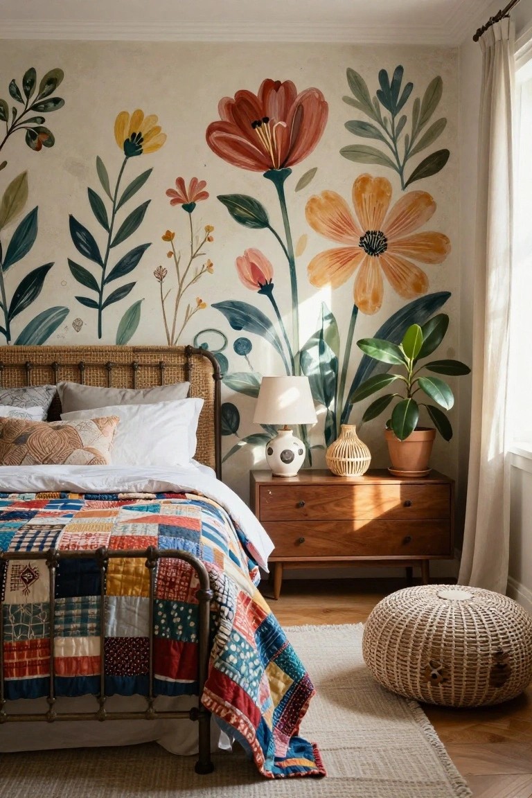 Bedroom with a large hand-painted floral mural in pinks, oranges, and greens on one wall, rattan bed frame, patchwork quilt, white bedding, wooden dresser, bedside lamp, potted plant, and woven pouf on wood floor.