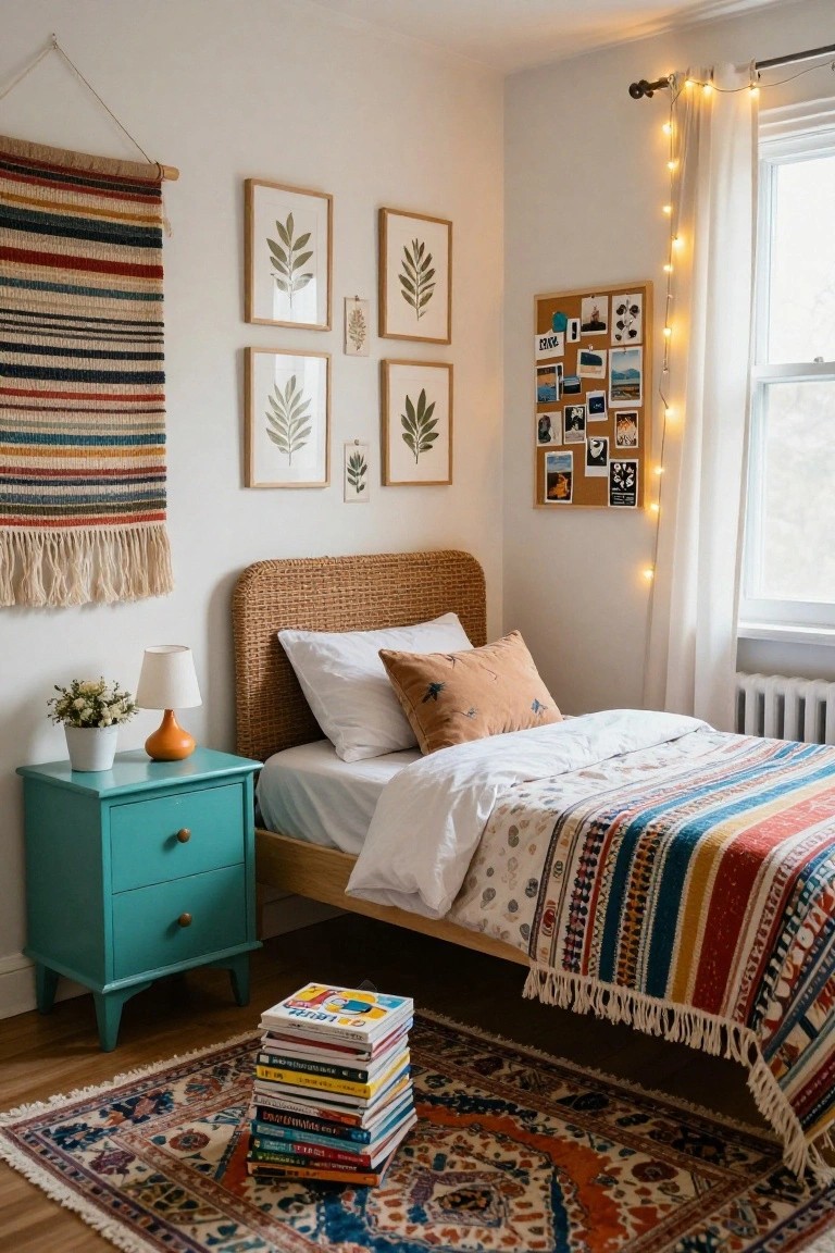 Boho-style bedroom with rattan headboard bed topped by colorful striped fringed quilt, teal nightstand with orange lamp and potted plant, woven wall hanging, leaf prints on walls, corkboard with photos, string lights by window, and patterned rug on floor.