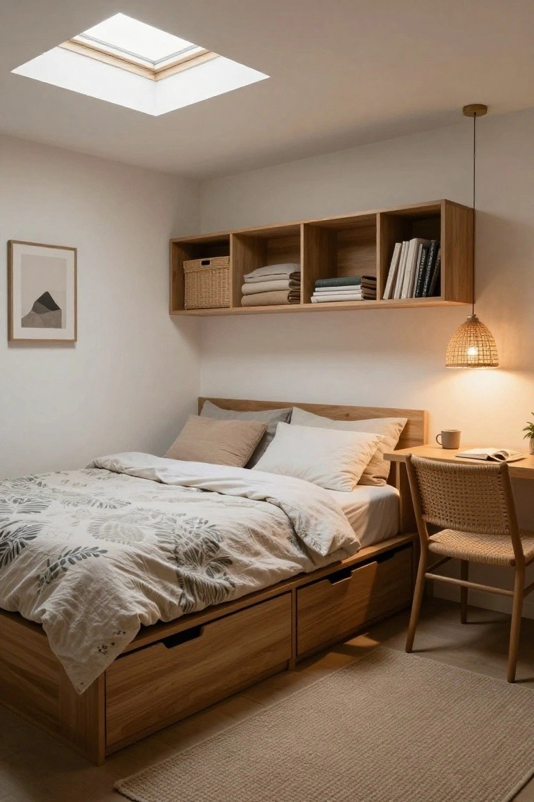 Small bedroom with white walls, wooden platform bed featuring drawers and light gray leaf-patterned duvet, overhead wooden shelves holding books linens and baskets, rattan pendant lamp, and rattan chair at wooden desk.