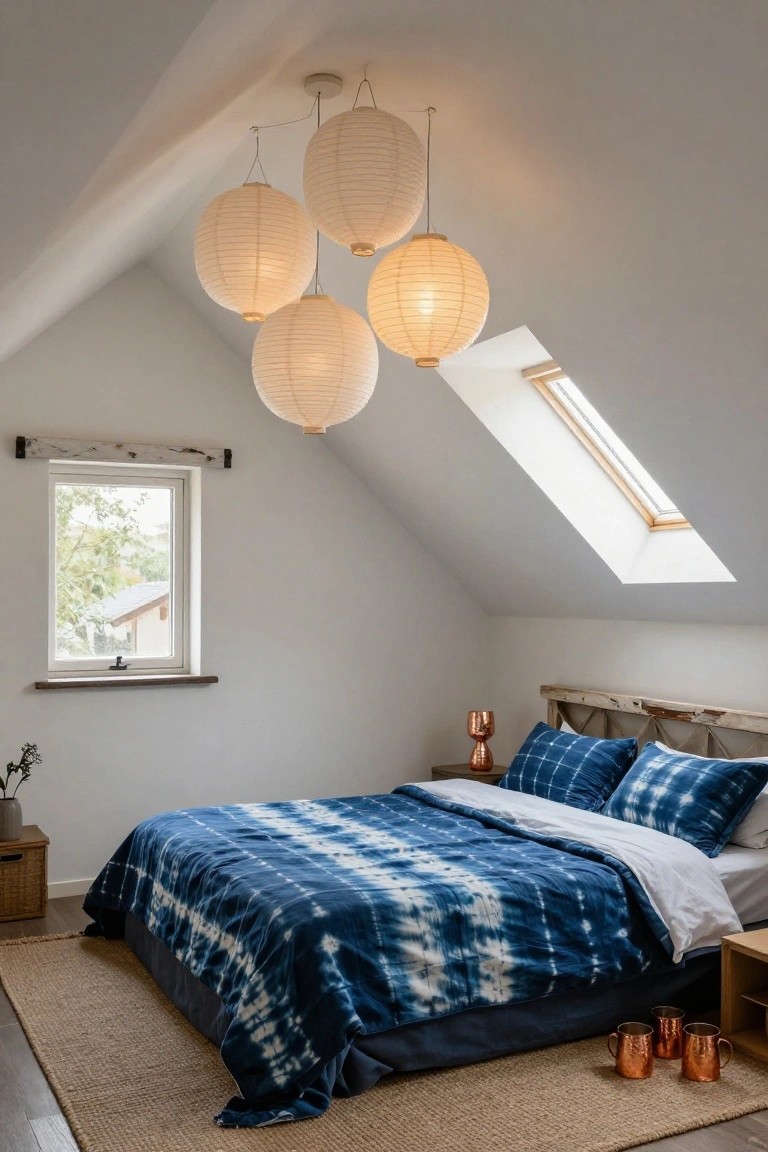 Attic bedroom with sloped white ceiling and skylight, cluster of five hanging white paper lanterns over a wooden bed with blue indigo tie-dye duvet and pillows, copper bedside mugs, seagrass rug, and small side window with trees outside.